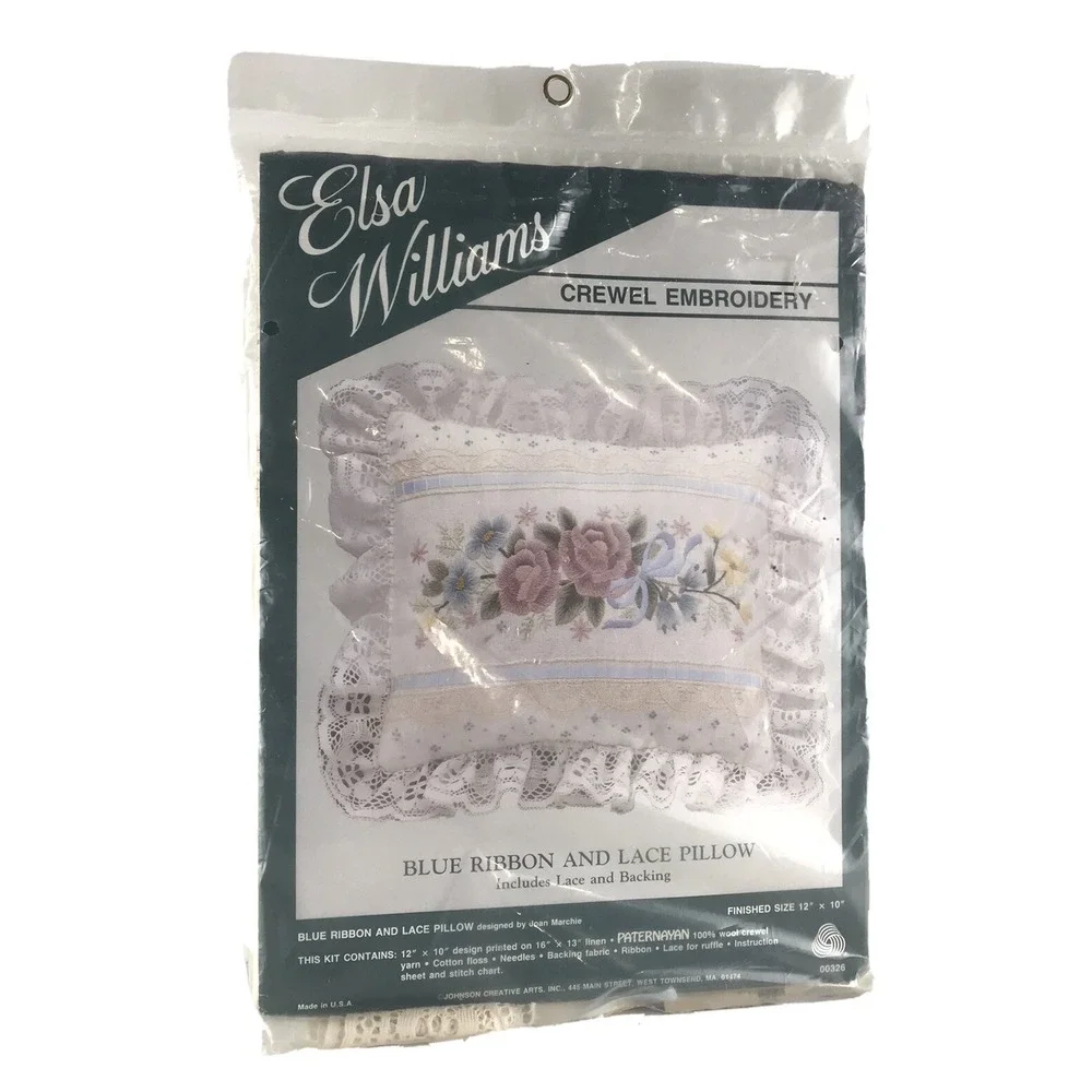 Elsa Williams Crewel Embroidery Pillow Kit Blue Ribbon And Lace Floral 12X10 New